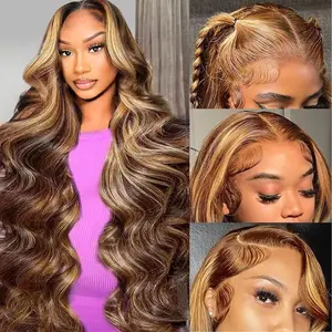 200% Density 13x6 Highlighted Ombre 4/27 Lace Front  Wave Wig Human Hair Highlight  Lace Frontal Highlights Brown Honey Blond Color Wigs Pre Pre Plucked Super Soft