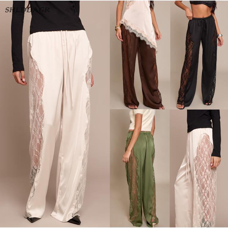 Women's Stylish and Elegant Satin Lace Wide-Leg Pants - High-Waisted Drawstring Loose Flowy Casual Party Dress Pants with Side Lace Trim (Ivory/Brown/Olive Green)