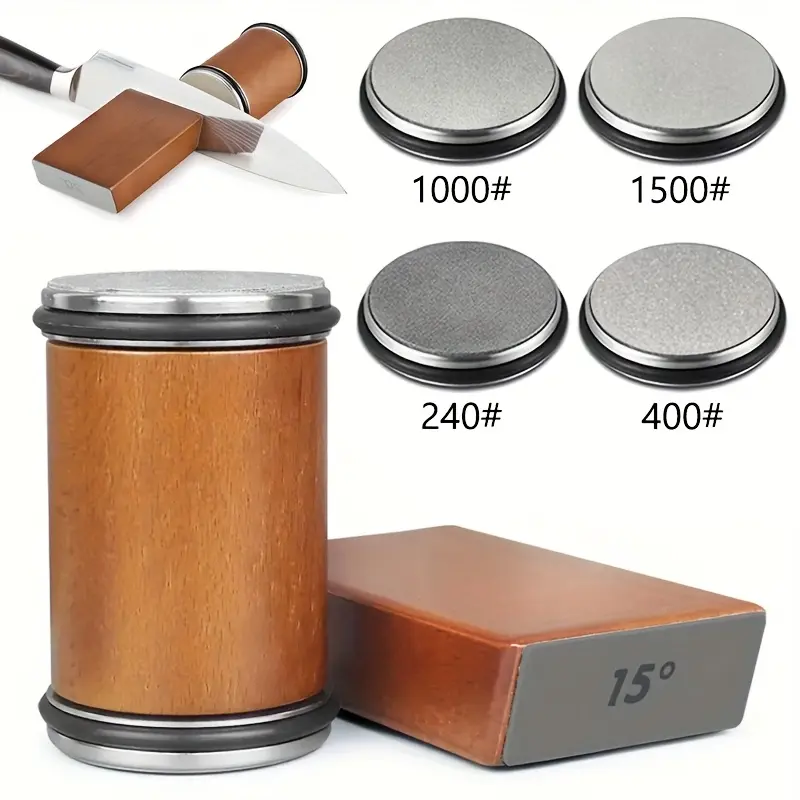 Brown Magnetic Rolling Knife Sharpener - Diamond Sharpening Stone Kitchenware, Wooden Home Kitchen Tool, 15-20 Degree Angle Roller Accessory, No-Battery Knife Sharpening Device