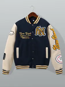 Men's Vintage New York Embroidered Baseball Jacket, Streetwear Patchwork Colorblock Loose Fit Coat, Fall & Winter Casual Sportswear