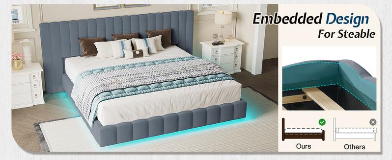 AMERLIFE Upholstered Bed Frame with Oversized Headboard, Modern Floating Bed Frame with RGB LED Lights, Velvet Channel Tufted Platform,Stable&Durable/No Box Spring Needed/Luxury Furniture Design/Queen/King Size/Best Gift Ideas/Christmas Gifts