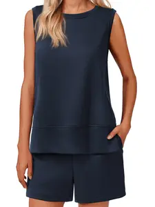 PINSPARK Two Piece Sets for Women Summer Sleeveless Lounge Set Crewneck Tops Sweatsuit Drawstring Shorts Tracksuit Outfits Springtok Pants Clothes Outdoorfun Polo Casual