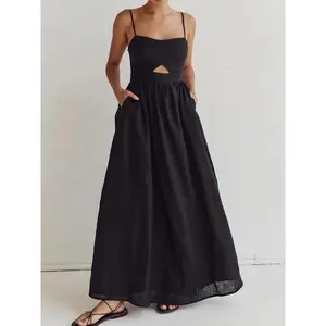 Cotton Sleeveless Pockets Cutout Long Dress