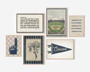 Baseball Art Boys Room Set of 6 Gallery Wall Baseball Quote Wall Art Custom Name Pennant Flag Print Sports Nursery Boho Boys Room Decor