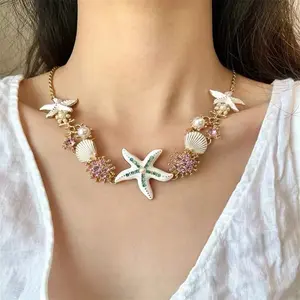 Women's Mermaidcore Statement Necklace Colorful Starfish Seashell Pearl Choker