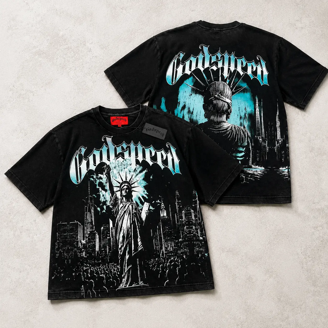 GODSPEED Vintage Graphic T Shirt, Y2K Oversized Streetwear Tee with Statue of Liberty NYC Print, Gothic Urban Style Short Sleeve Shirt for Men Women, Retro Casual Fashion Top