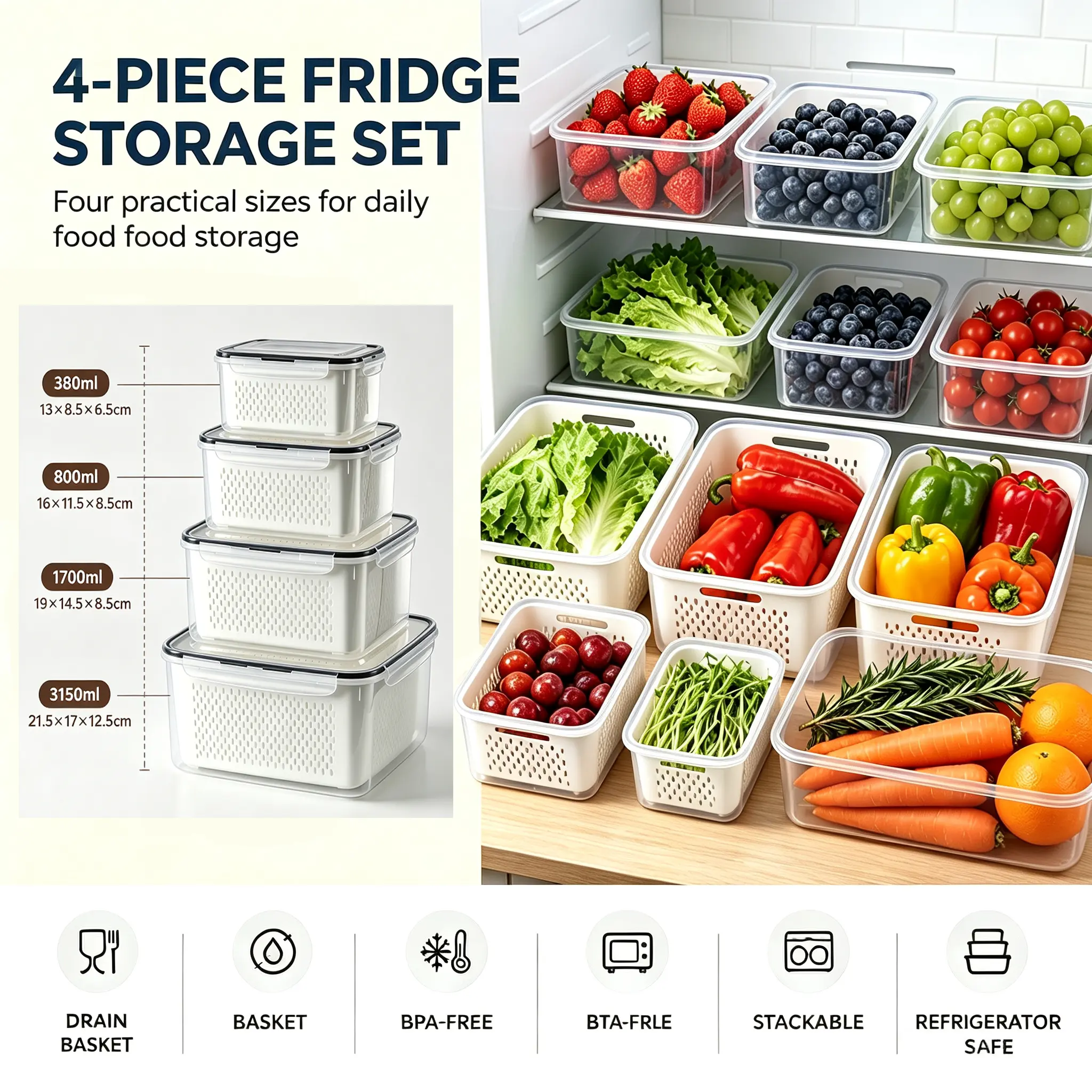 5-Piece Food-Grade BPA-Free Plastic Kitchen Food Storage Containers with Lids, Drain Organizer Bins for Refrigerator Freezer, Daily Storage Produce Keepers for Fresh Fruits and Vegetables