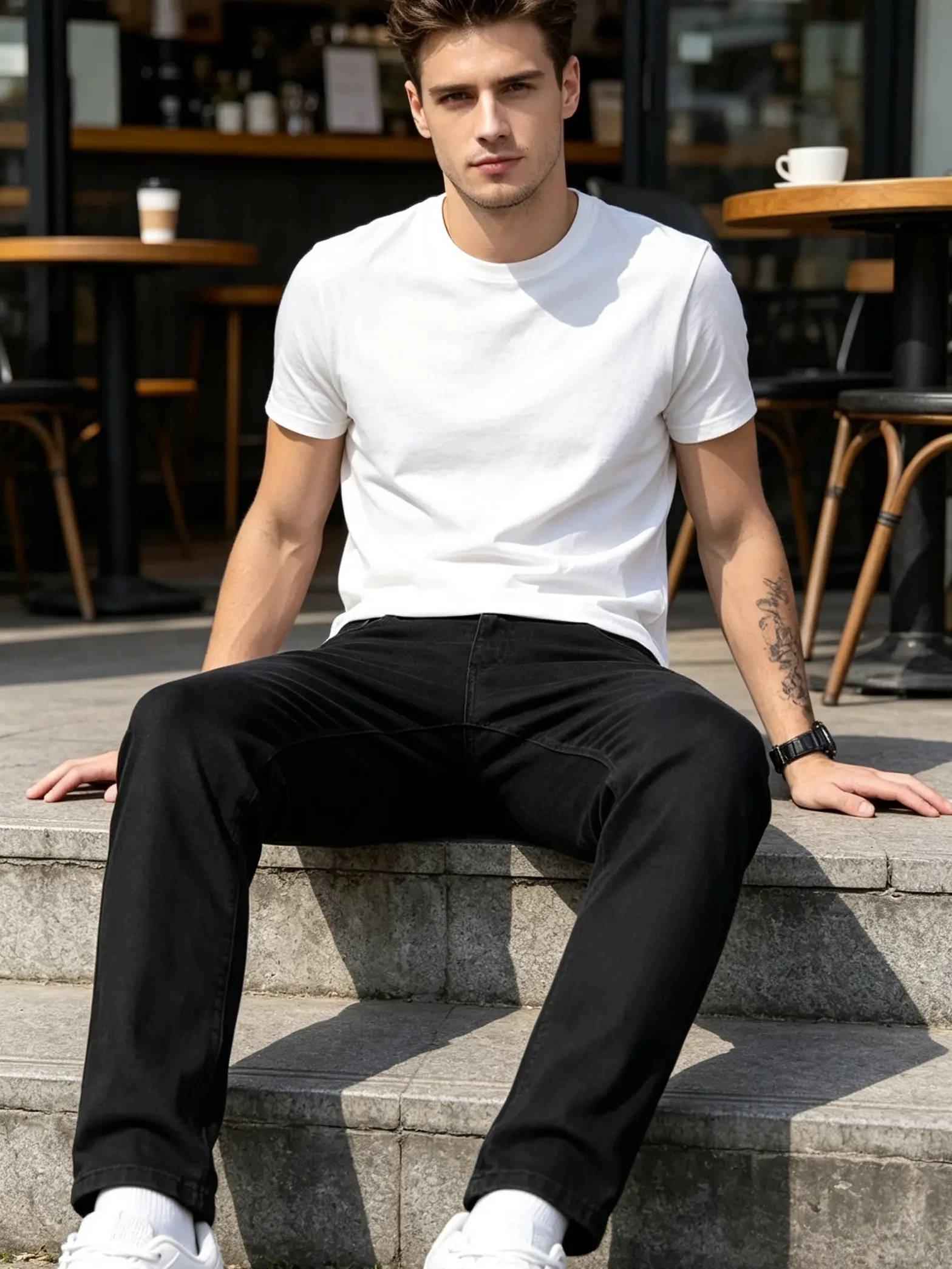 Men's Black Washed Denim Small Straight Jean Pants Bottoms - Slim, Thin, Fashionable, Minimalist Casual Style with Stretch, Pairing for Sneakers & Jackets, Classic Menswear, Soft