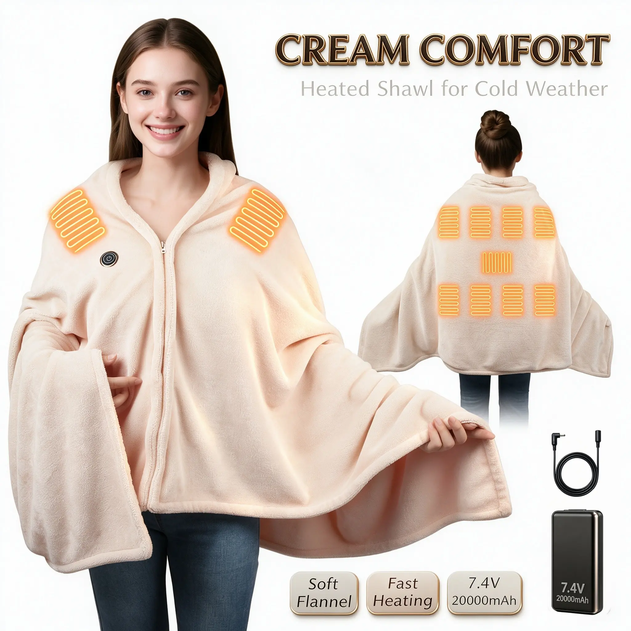 Portable Heated Shawl Blanket with 7.4V 20,000mAh Power Bank, Wearable Flannel Heating Wrap, 3 Heat Levels, DC Round Connector Extension Cable, 67" × 36", Cordless Heated Blanket for Neck, Shoulder & Back, Machine Washable, Home, Office, Camping & Travel