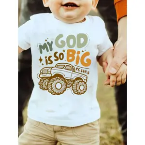 My God Is So Big" – Cartoon Truck Print Cotton Tee for Boys Soft & Stretchy | Round Neck | Short Sleeve | Plus Sizes Available | Perfect for Summer & Play Dates