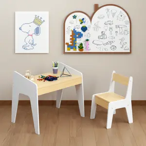 Kids Table Set with One Chair, Wooden Children Study Table, 2-8  Age Kids Funiture , White+Natural