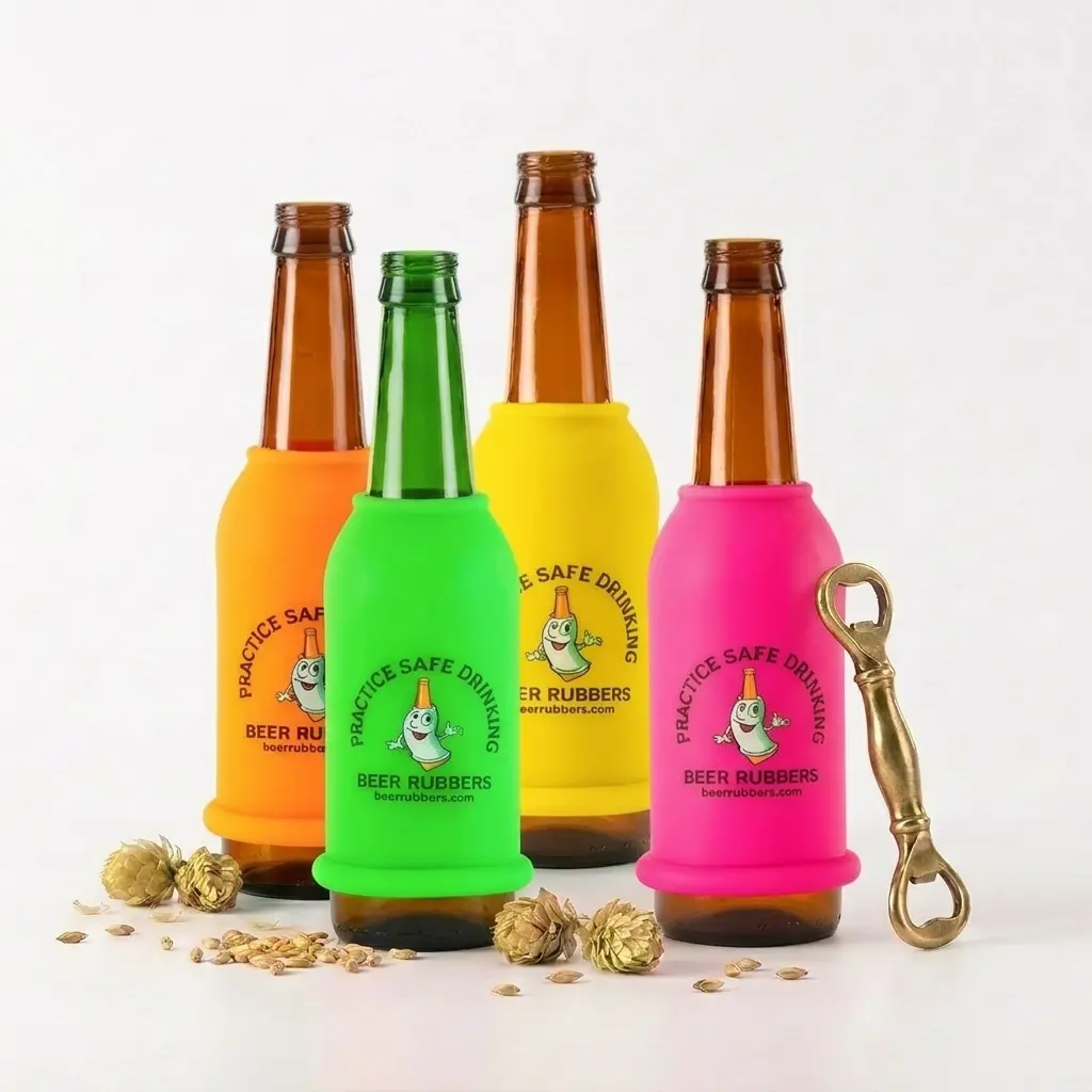 Adults' 4-Pack Stylish Rubber Neon Beer Bottle Sleeves - Bright, Solid, No-Slip Grip, Drop-Safe, Durable, Shatter Protection, Kitchen & Drinkware Accessory, Ideal for Parties, Festivals