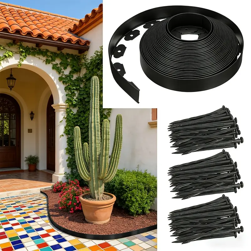 Landscape Edging Border with Fixing Stakes, Black Garden Lawn Edging, Flexible No Dig Landscape Border for Flower Beds, Lawns, Yards, Pathways& Garden Landscaping, Durable Weather Resistant Lawn Divider
