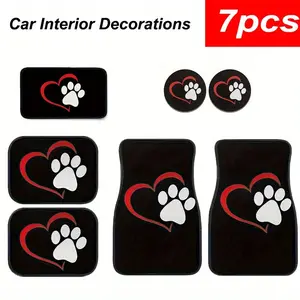 7pcs Dog Paw Print Universal Car Armrest Mat, Car Floor Mats, Interior Accessories, Car Coasters, Car Suv Truck Decorations, Mats Liners, Car Mat Set