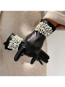 Winter fashion beaded studded PU leather gloves five-finger full touchscreen leather gloves