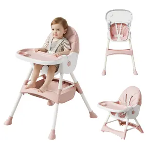 Height-adjustable baby high chair with adjustable safety harness, removable tray, stain-resistant leather seat, sturdy and durable design.