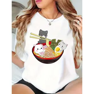 Women's Cute Cat Ramen Bowl T-Shirt Kawaii Japanese Food Graphic Tee Casual Daily Summer Top 100% Cotton T-shirt