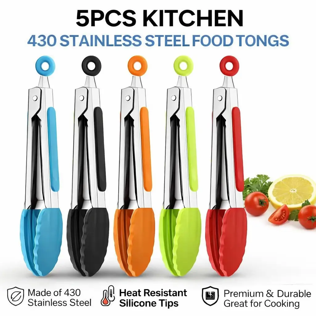 5pcs 7 inch Vibrant Handle Silicone Kitchen Tongs - Small Stainless Steel Cooking Utensils, Heat Resistant, Soft Non-Scratch Tips, Nonstick-Safe, Locking Ring for Storage, Ideal for Campfire/BBQ Party, Entertaining Guests, Cooking Tools, Compact Kitchen G