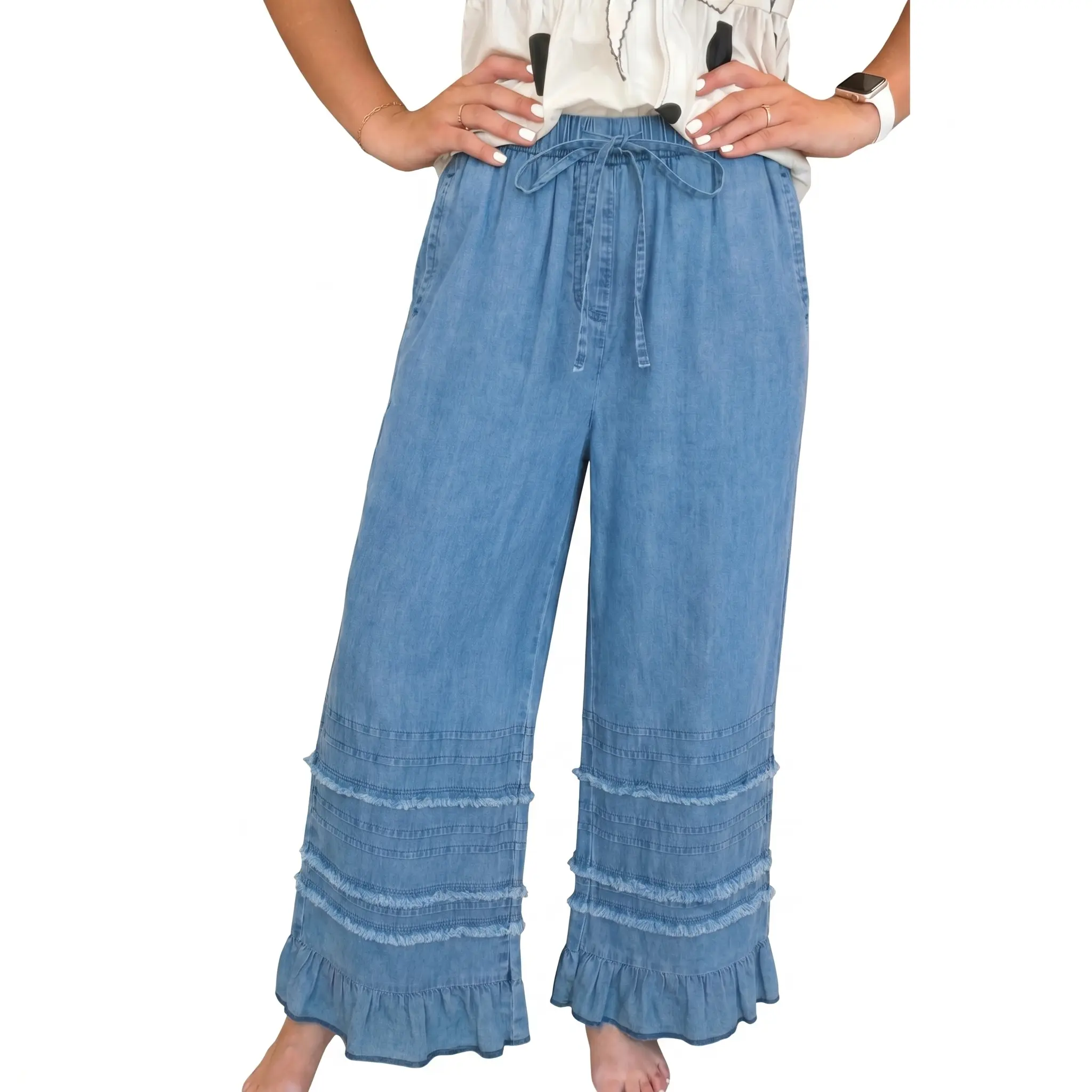 Women's 100% Cotton Chambray Pants Wide Leg Boho Ruffled Hem Elastic Waist Casual Lightweight Denim-Look Trousers
