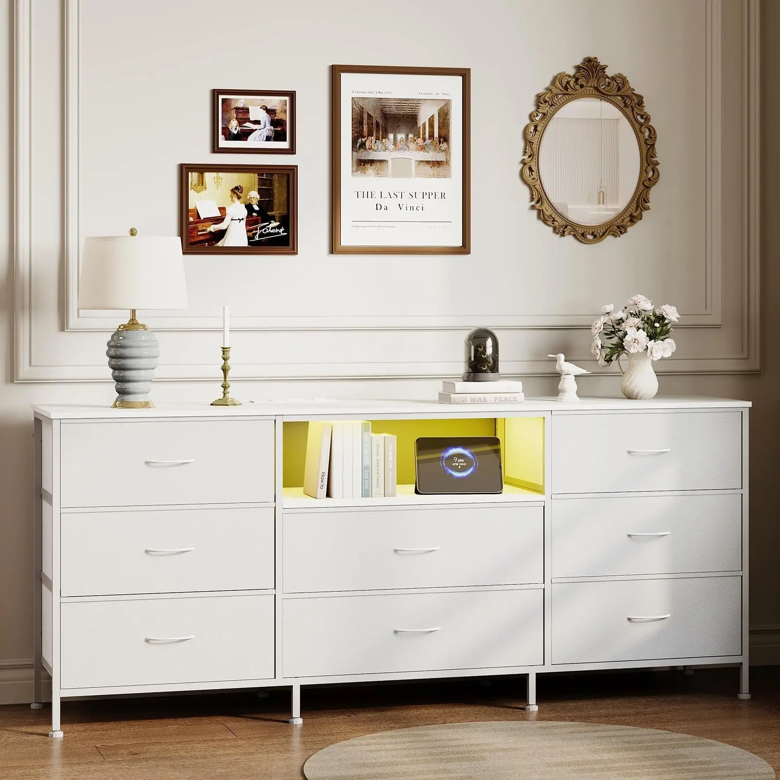 LED TV Sideboard with 8 Fabric Designs, 63" Storage Cabinet for Bedroom and Living Room, Fits 65-75 Inch TVs, Steel Frame, Console Table