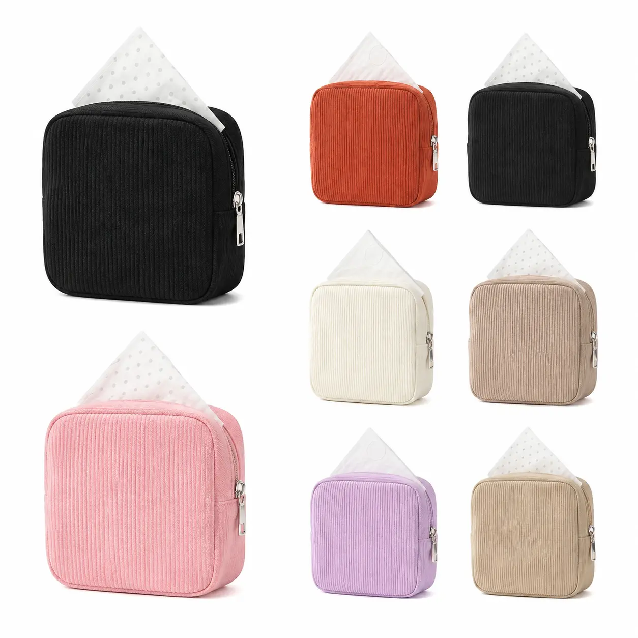 Women's Plain Corduroy Sanitary Pad Storage Bag - Compact, Expandable Sides, Minimalist Zipper Pouch, Square Base Travel Toiletry Bag for Period Items, Portable Discreet Organizer, Accessories for Women (Sohochic)