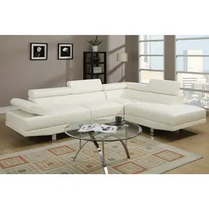 Poundex F7320 2 pc White Faux Leather Modern Sectional Sofa with Adjustable Headrests & Tufted Seats for Living Room Comfortable Stylish Design