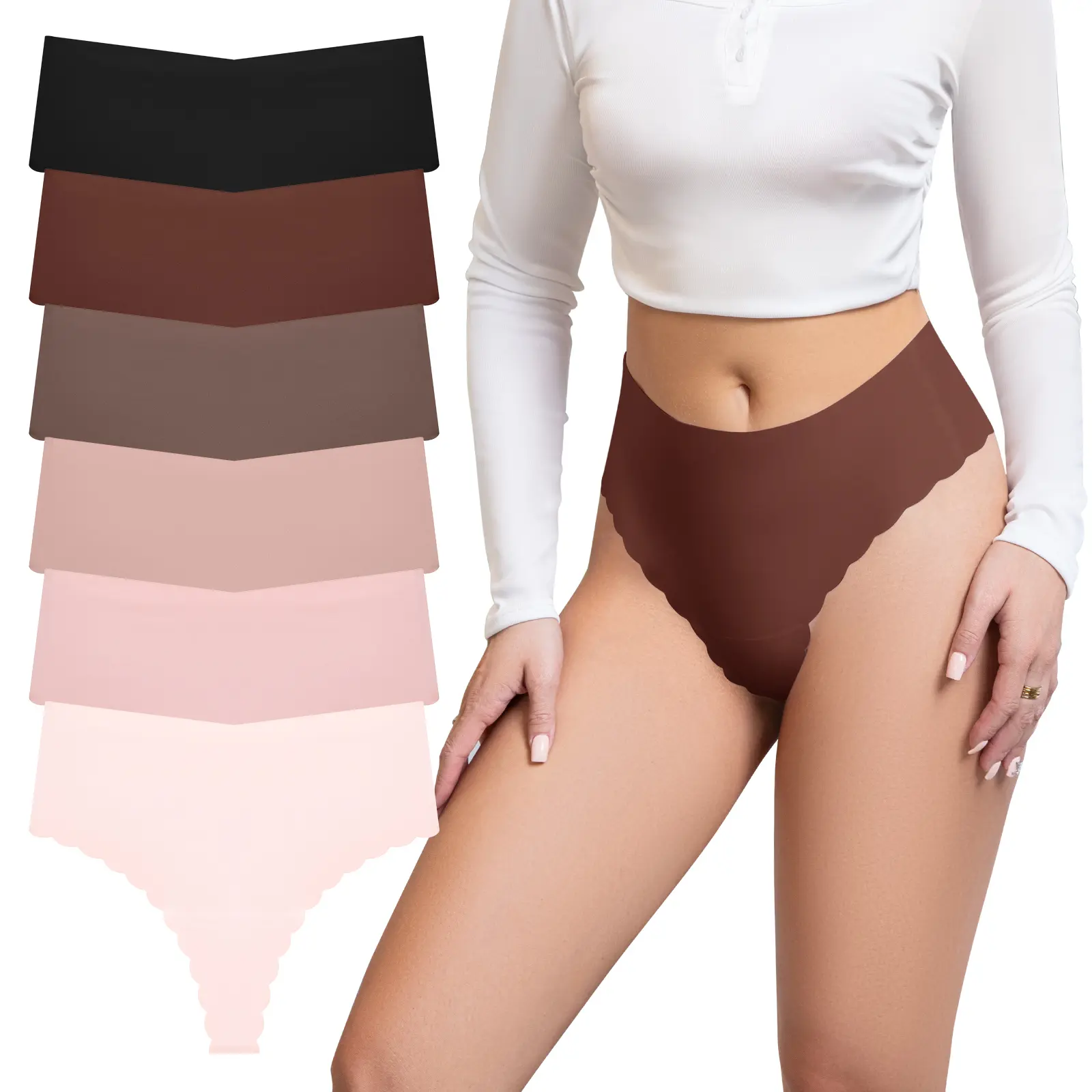 6 Pack Women's Seamless Wave-Edge Thong Underwear Invisible No Show Panties Soft Stretch Bikini Thongs for Leggings Workout & Everyday Comfort