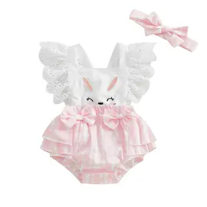 Baby Girl Easter Outfits Hollow Out Flying Sleeveless Square Neck Carrot Print Bodysuit with Bow Headband
