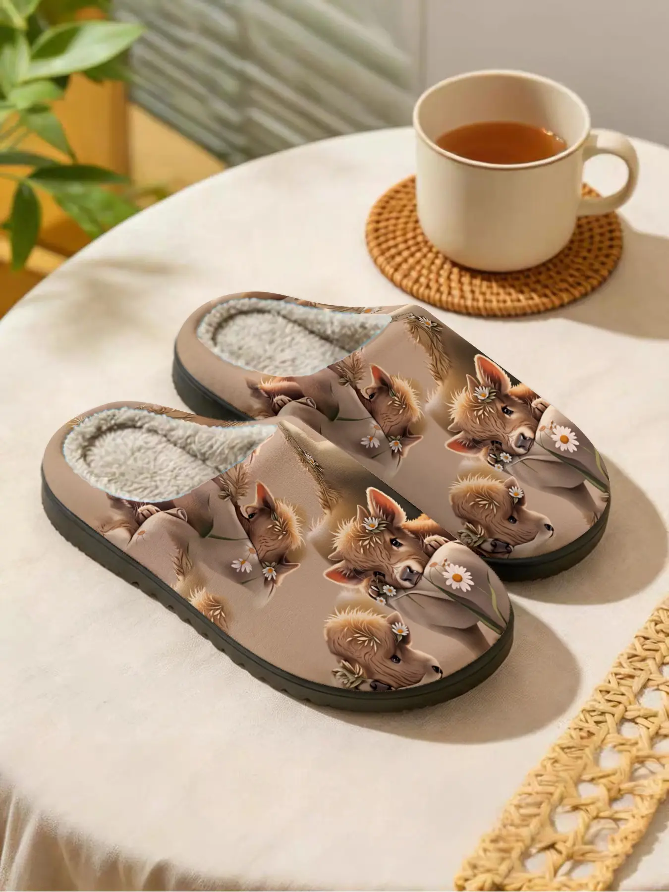 Cute Daisy Cow Slippers, Plush Warm Anti-Slip Indoor Shoes, Casual Textile Winter Footwear for Animal Lovers, Home Wear