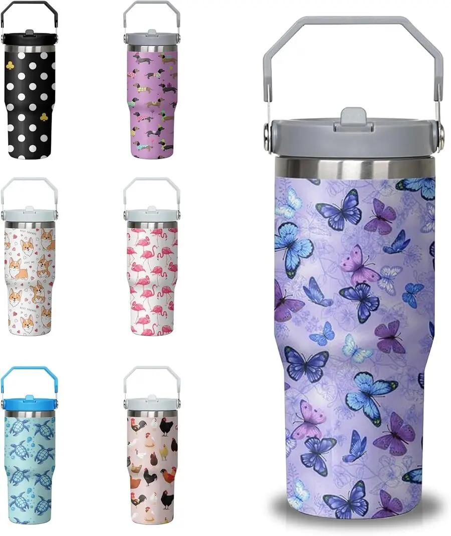 30oz Double-Walled Insulated Purple Butterfly Stainless Steel Tumbler Mug - Kitchenware Drinkware with Handle, Flip Straw, Lid, Portable Gift-Ready for Women Animal Lovers (Christmas, Birthday Gifts)
