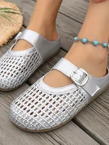French Style Hollow Out Fishnet Shoes, Fashion Versatile Closed-Toe Sandals, New Summer Dress Mary Jane Shoes, Flat Elegant Single Shoe