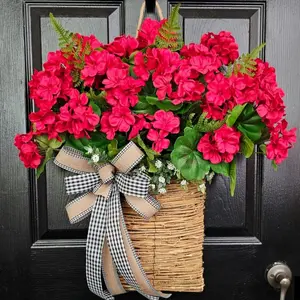 Artificial Spring Geranium Door Knocker, Plaid Bowknot with Fern Accents, Perfect for Easter and Summer Farmhouse Porch Decor