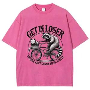 Cute Raccoon Vintage Graphic Tees, Wash Short-Sleeved, Casual Outfit Women, Street Plus Size Clothes, Comfortable Fit Fabric for Daily Wear