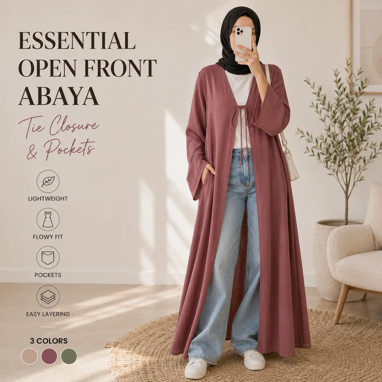 Women's Modesty Muslim Clothing Open-Front Abaya Hijab Set - Essential Long Sleeve, Casual Chic Zoom Style, Tie Closure, Pockets, Relaxed Versatile Design (MOA309), Open Abaya, Versatile Open-Front Design