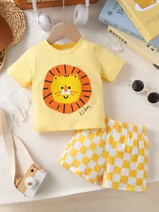 Baby Boy's Soft, Comfortable, Fashionable And Cute Cartoon Lion Pattern T-shirt And Color Blocked Checkered Sports Shorts, Casual Daily Vacation Party Set For Spring And Summer Seasons