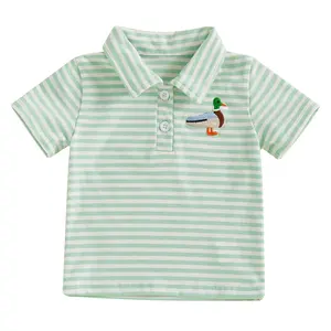 Toddler Boy Mallard Duck Embroidery Polo T Shirt Striped Short Sleeve Lapel Collar Button Down Shirt Tops Hunting Baby Summer Clothes
