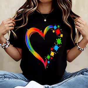 100% Cotton Casual Style T-Shirt Autism Awareness Rainbow Heart Puzzle Piece Graphic Design For Autism Moms And Neurodiversity Advocates Perfect For Everyday Wear And Summer Season Ideal Gift For Autism Acceptance Supporters And Neurodivergent Enthusiasts