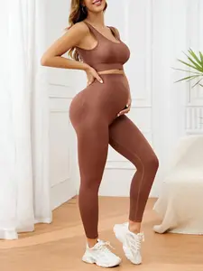 Women's Solid Crop Tank Top & High Waist Leggings Maternity Set, Casual Comfy Breathable Two-piece for Pregnancy & Postpartum, Maternity Clothes for All Seasons, Prenatal Maternity Clothing