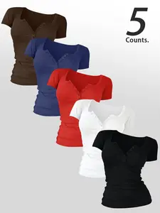Women's Solid Color Plain Buttons 5 Pieces  V Neck Tee Top, Casual Women's Short-Sleeve T-shirt For Summer, Ladies Basic Clothes for Daily Wear, TikTok Trending T-shirt Women