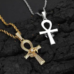Eye of Horus Cross Necklace with Zirconia & Twisted Chain Silver Color 62mm x 28mm AAA+ CZ Hip-pop Style Jewelry for Her Him Birthday Gift