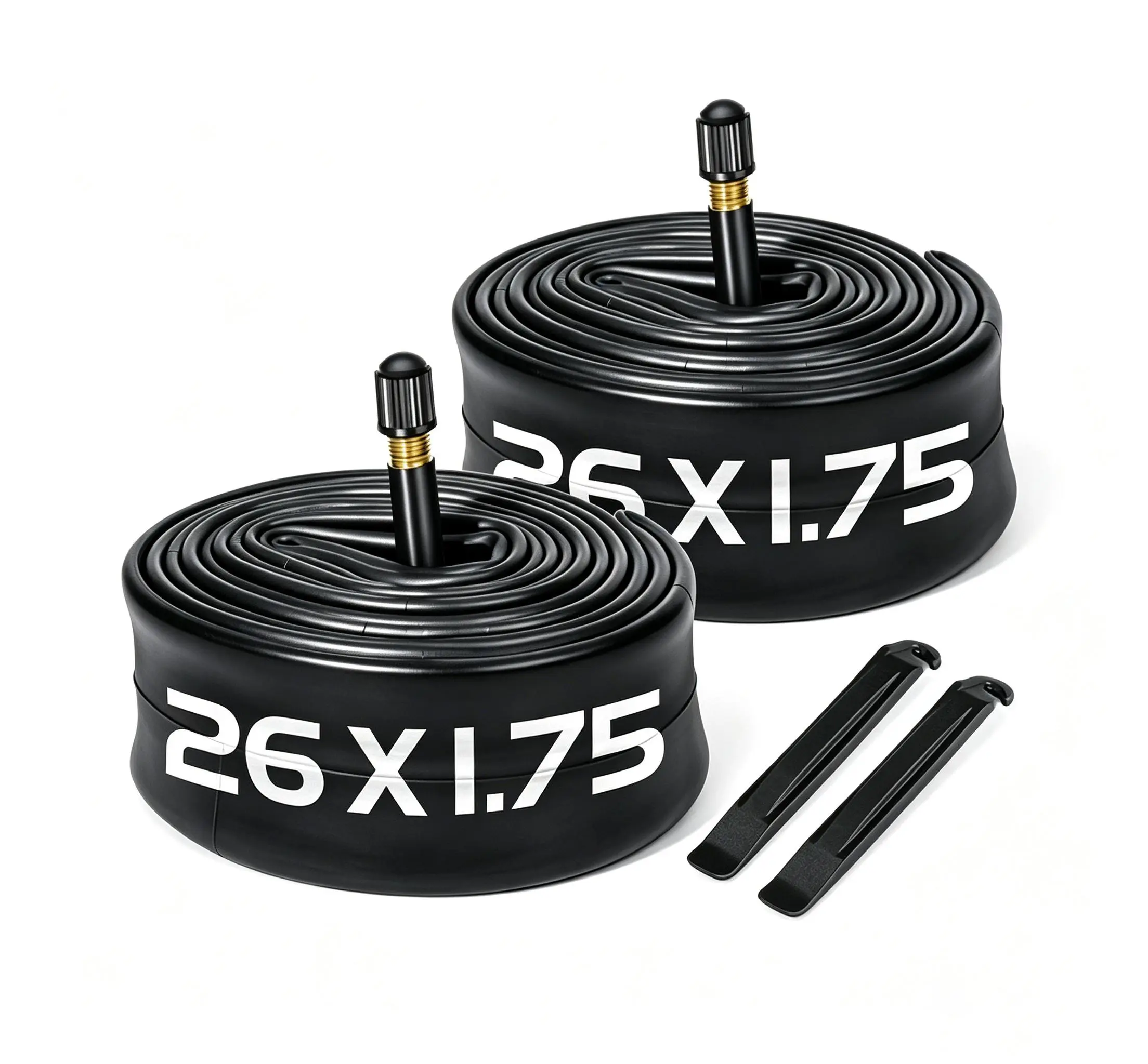 2 sets of 26-inch 1.75/2.125 butyl bicycle inner tubes, suitable for 26-inch tires with widths of 1.75/1.95/2.10/2.125, including 2 inner tubes + 2 lever-pull PE bags. Suitable for replacement inner tubes for mountain bikes, cruisers and city bikes.