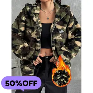 Camo Pattern Letter Patched Detail Drop Shoulder Hooded Teddy Jacket,Ladies Winter Casual Patched,Pocket,Zipper Drop Shoulder Hooded Loose Multicolor Camo,Letter Women Jackets,Winter Warmth/ Winter Fashion