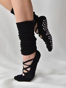 Black Rose Ballet Grip Socks - Womenswear Aesthetic Crew-Length with Crisscross Design & Delicate Rosette Straps