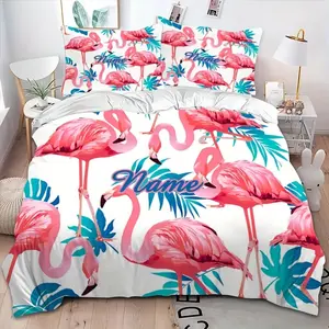 3-Piece Creative Fashion Flamingo & Blue Plant Leaf Comfortable Soft Bedding Set, High-Quality Home Bedroom Decoration