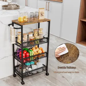 SUOERNUO Slim Rolling Cart 4 Tier Narrow Storage Cart on Wheels with MDF Board Top and Metal Handle for Small Space Kitchen Living Room Bathroom Laundry Room (16.38 x 9.06 x 30.31inch)