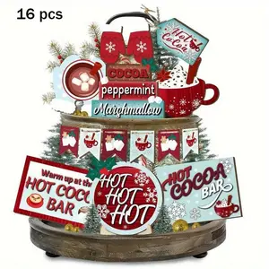 Christmas Hot Cocoa Tiered Tray Decor Set, 16pcs/set Wooden Sign, Festive Tiered Tray Decor Wood Sign for Home Table House Room Kitchen Party, Ornaments