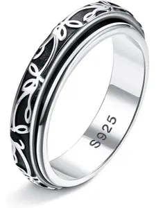 1 Pc 925 Sterling Silver Anxiety Ring for Women Men Platinum Plated Sterling Silver Band Fidget Ring Leaf Spinner Ring Stress Anxiety Relief Item, Size 6, 5mm Width