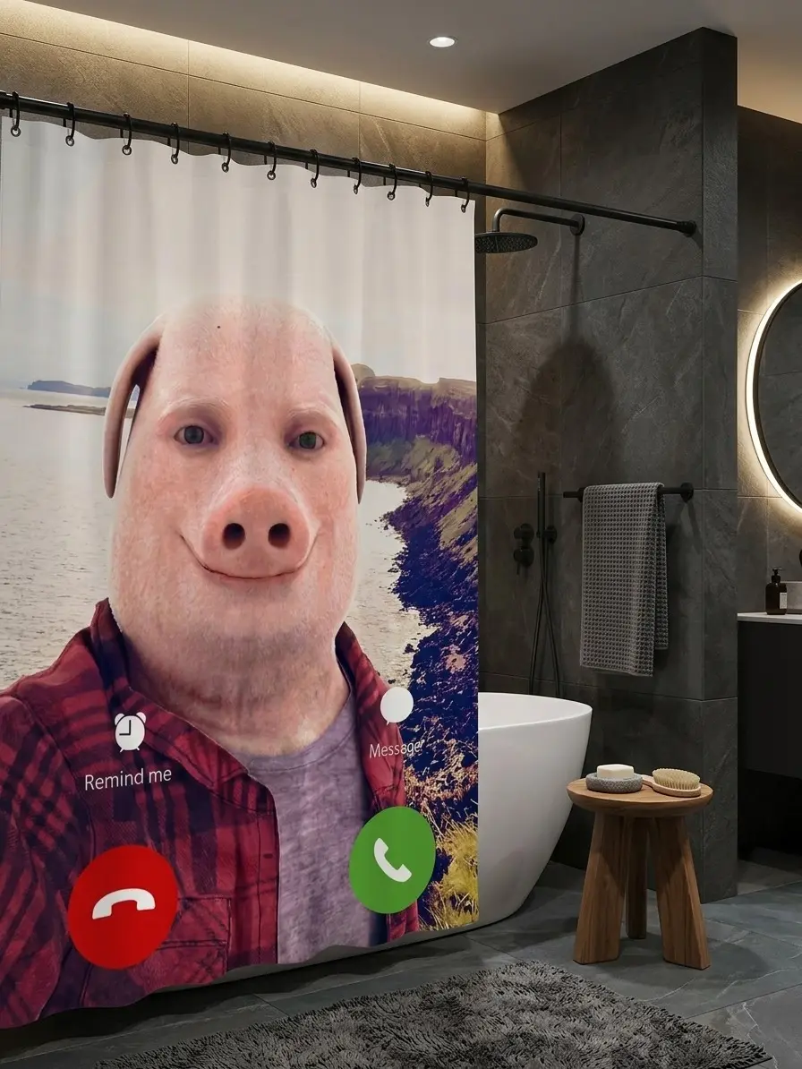 Funny John Pork Meme Shower Curtain - "Pig Man is Calling" Novelty Bathroom Decor, Waterproof Polyester Fabric Gag Gift with Hooks