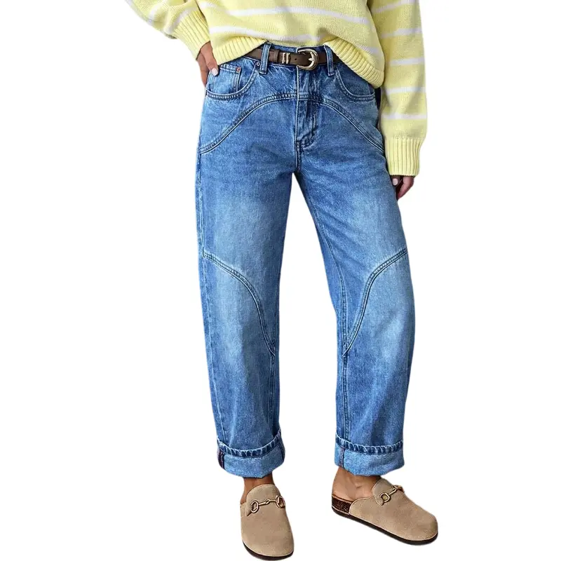 Flamingals Wash Seam Decor High Rise Straight Leg Jeans Womenswear Stretchy 26.0" Inseam