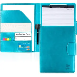 Leather A4 Portfolio Folder Binder Padfolio Clipboard with Magnetic Closure, comes with letter sized papers sticky tabs pen for business school office conference, Turquoise